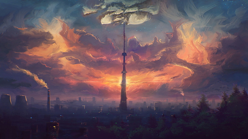 2K, artwork, science fiction, futuristic, fantasy art, tower, smoke, cityscape, clouds, Sylar, city, painting
