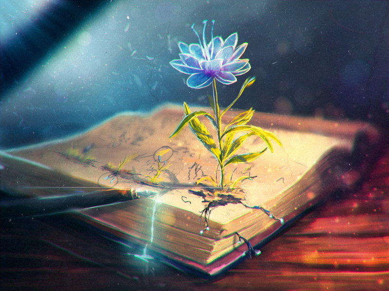 glowing, blue flowers, books, 2K, artwork, Sylar, pens