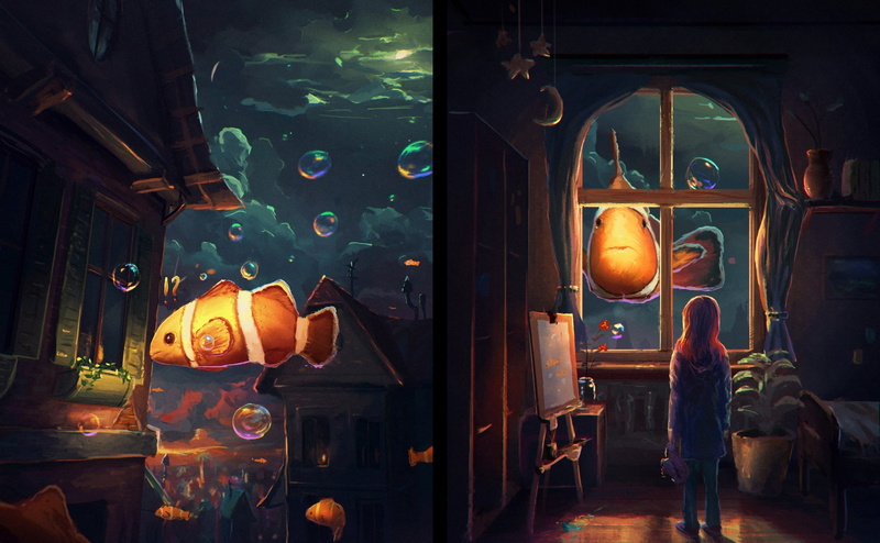 sylar, window, fantasy art, fantasy, night, fish, bubbles, 2K, art, clownfish