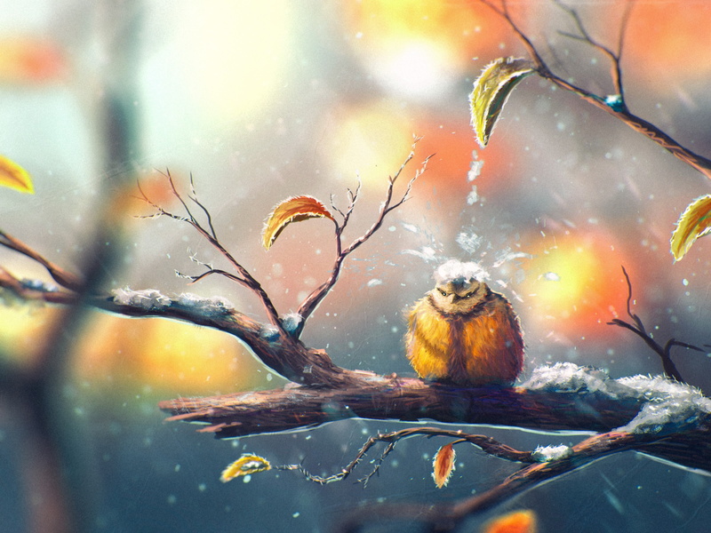 nature, animals, fall, winter, 2K, birds, leaves, Sylar, drawing, titmouse, snow