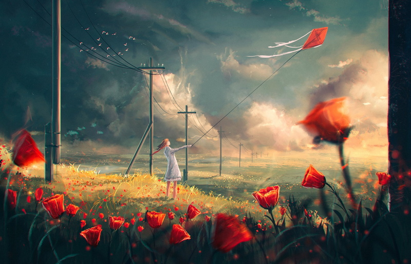 power lines, flowers, fantasy art, 1080P, kites, original characters, Sylar