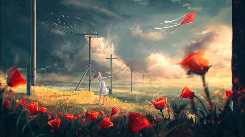 flowers, 1080P, artwork, power lines, landscape, Sylar