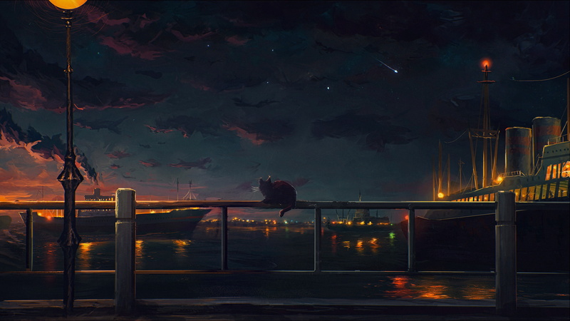 railing, 2K, sunset, cat, fantasy art, ship, Sylar, cityscape, painting, stars