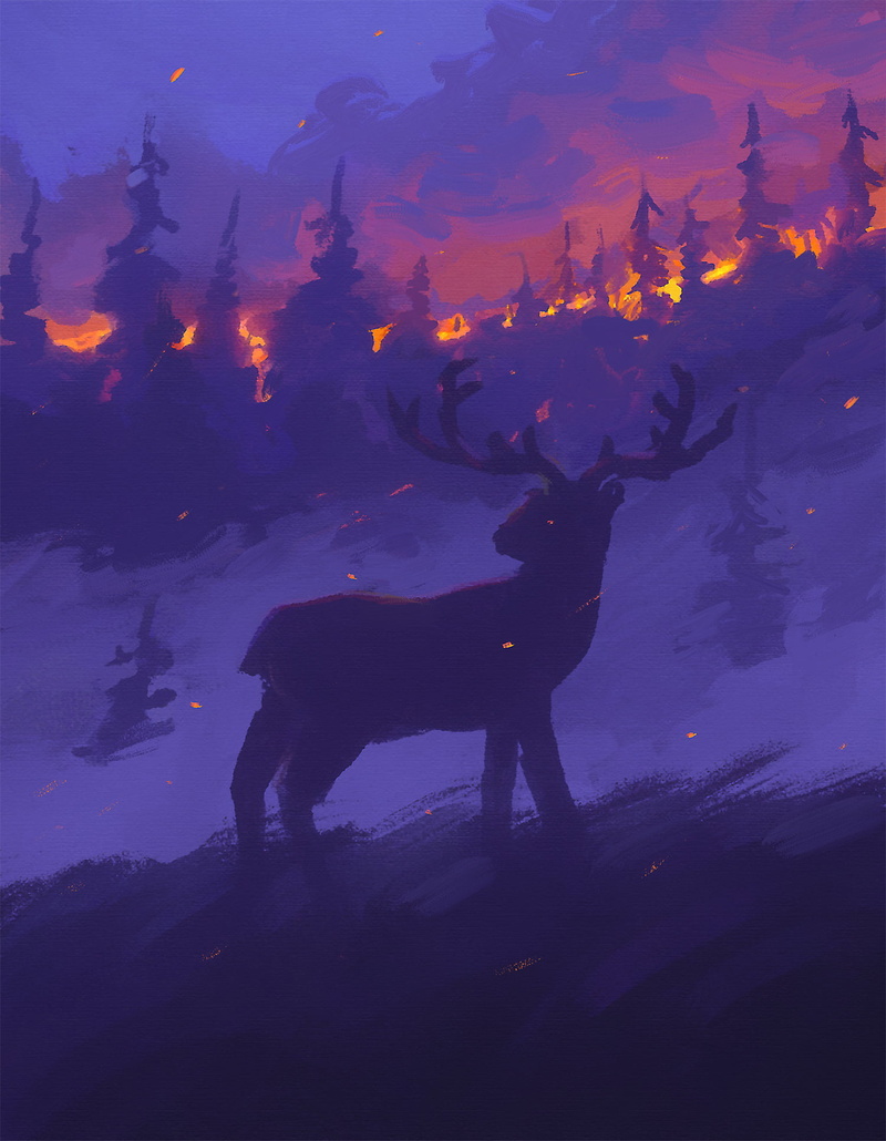 snow, painting, moose, fire, Sylar, embers, artwork, 1080P, forest