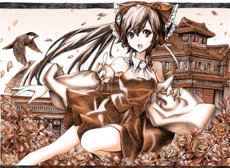 ofuda, miko, touhou, clothes, japanese, monochrome, 720P, petals, nobita, flowers, reimu, hakurei, animal, bird