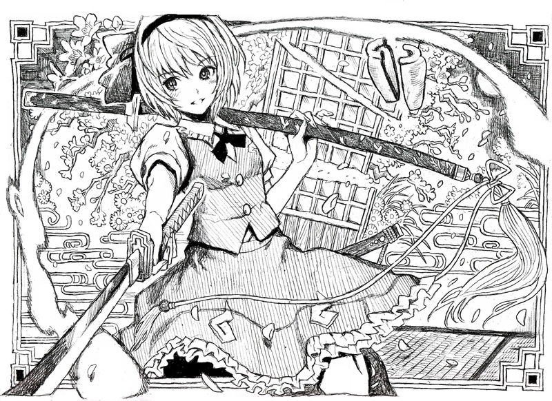 katana, sketch, 2K, monochrome, touhou, weapon, youmu, nobita, sword, konpaku