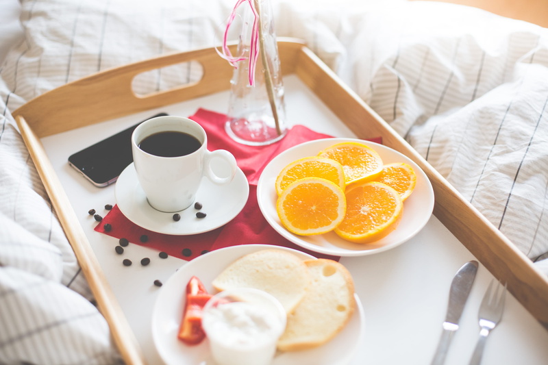 tray, pillow, freshness, 4K, white, cute, coffee, indoors, bed, refreshment, food and drink, food, kitchen utensil, Romantic, foodie, breakfast, oranges