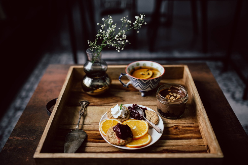 orange, wood - Material, 4K, cup, fruit, jam, high angle view, chocolate, food, nature, tray, tea, sweet, fruit, breakfast, plate, table, still life, chocolate mousse
