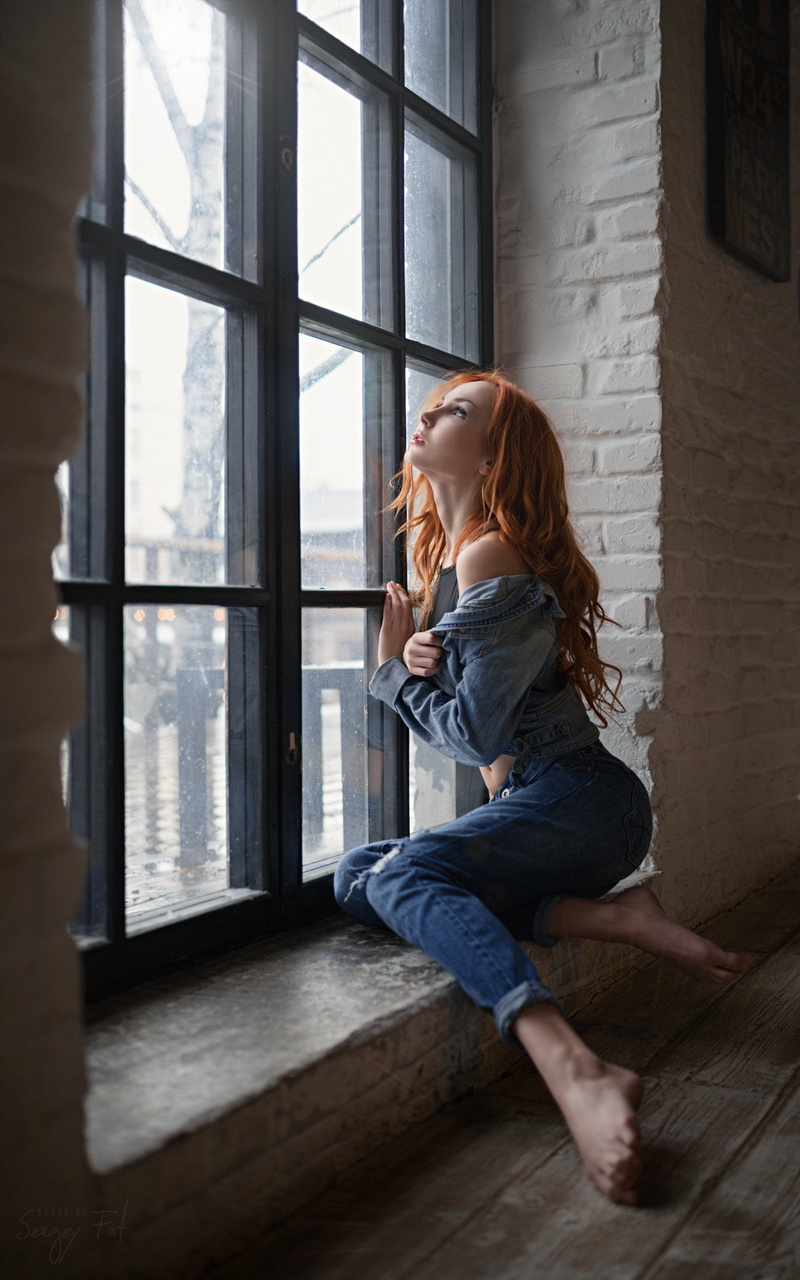 jeans, redhead, indoors, contemplation, model, one person, Sergey Fat, 1080P, portrait display, day, beautiful woman, looking through window, full length