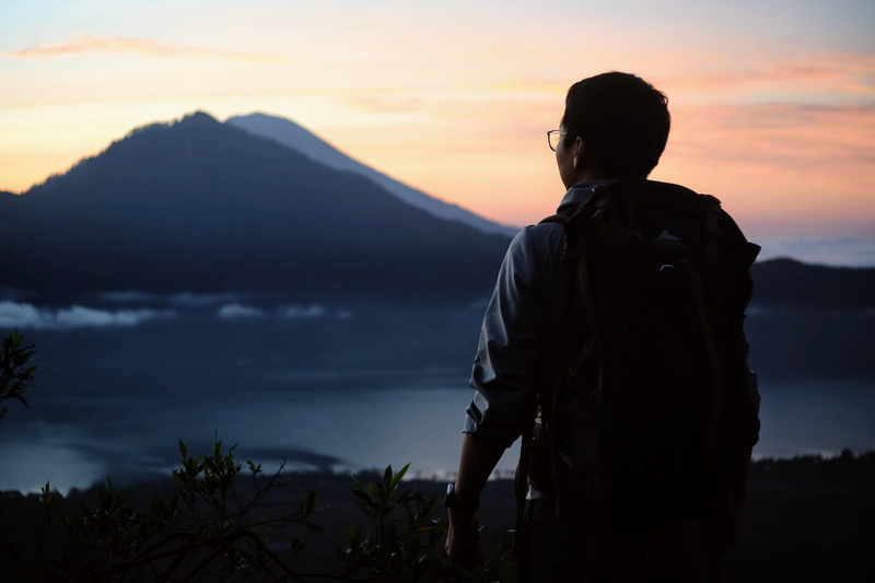 beauty in nature, looking, viewing, one person, bali, outdoors, tranquil scene, contemplation, agung, mountain range, waist up, looking at view, nature
