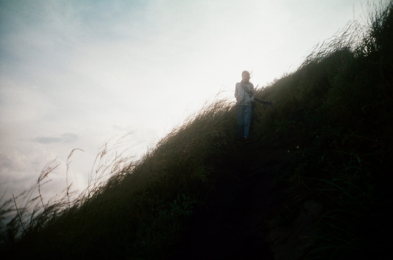 adventure, nature, standing, analog camera, sky, lomo, mount batur, cloud - sky, film, land, grass, scenics - nature, hiking, adult, leisure activity, one person
