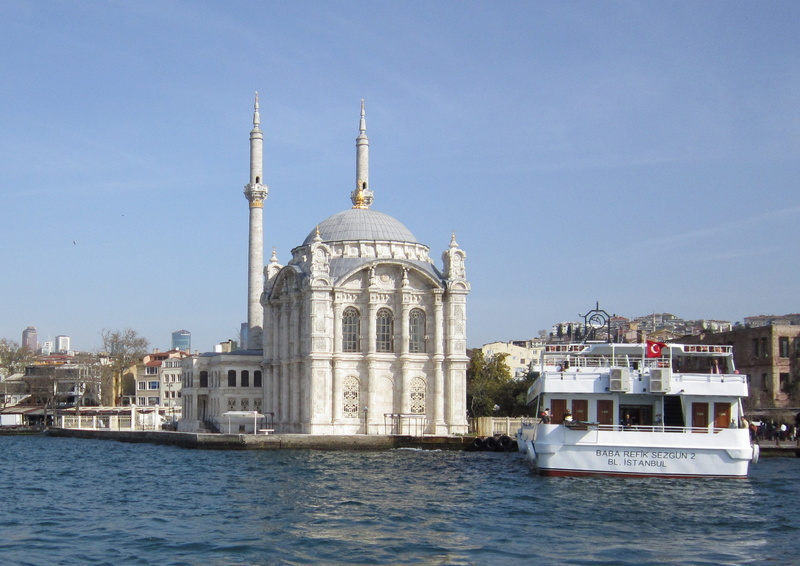 white, dome, travel, city, waterfront, transportation, travel destinations, place of worship, day, building, ortakoy, water, temple, blue, passenger craft