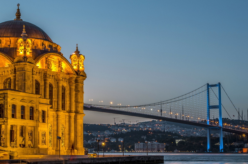 beautiful, Ortaköy Mosque, brown, Istanbul, landmark, water, bridge - man made structure, mosque, suspension bridge, connection, river, night, clear sky