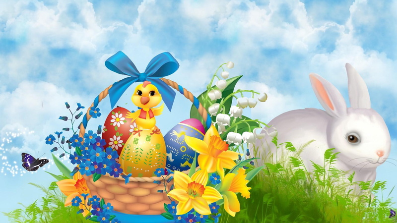 easter, grass, sunday, spring, 1080P, flowers, bunny, chicken, ribbon, baske, eggs, rabbit, chick