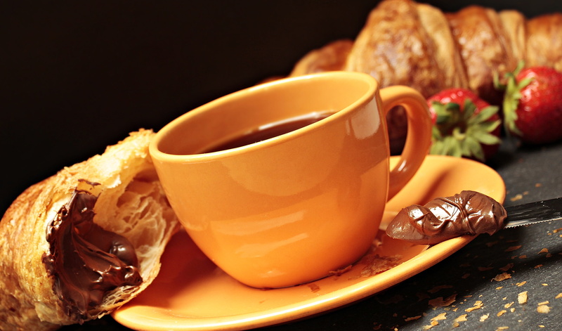cup, orange, croissant, black background, drink, frisch, coffee, carbohydrates, espresso, refreshment, food And Drink, breakfast pastries, bread, coffee Cup