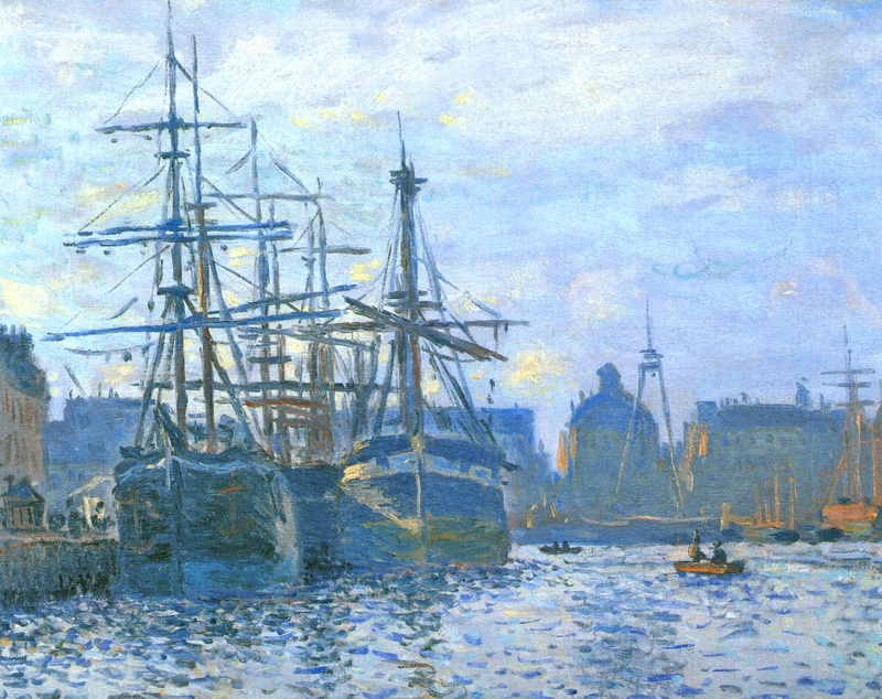 near, landscape, port, 1080P, Claude Monet, ships, sailboat, sea, the city, building, ship, dock, picture, painting, the sky