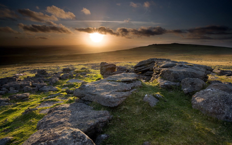 sun, hills, sunset, tranquil scene, idyllic, stones, cloud - sky, tranquility, rock - object, scenics - nature, landscape, rock, clouds, outdoors, beauty in nature