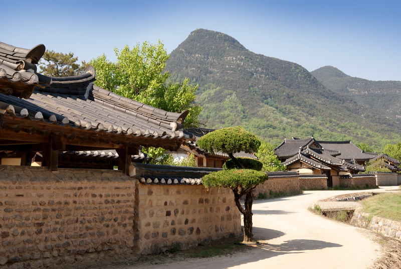 military top, plant, hanok, eaves, outdoors, built structure, photo, asia, sky, architecture, blue, ancient civilization, 4K, roof, famous Place, travel destinations