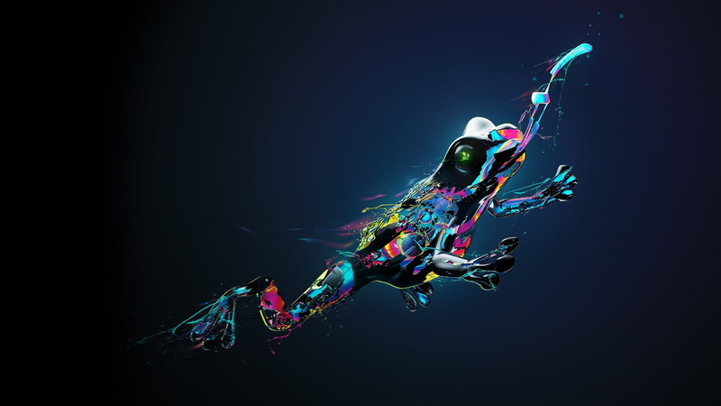 sport, digital art, copy space, black background, one person, indoors, young adult, sea, gradient, clothing, nature, performance, paint splatter, 2K, effort