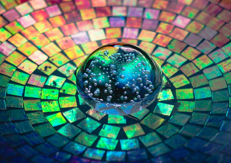 bubbles, glass - material, pattern, crystal, directly above, high angle view, still life, full frame, round out, indoors, flooring, single object, glass item