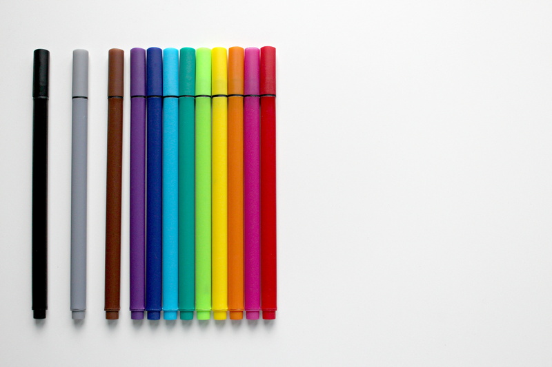 side by side, studio shot, several, pointed, different colored crayons, in a row, school, shiny, writing accessories, pens, copy space, creativity, vibrant color