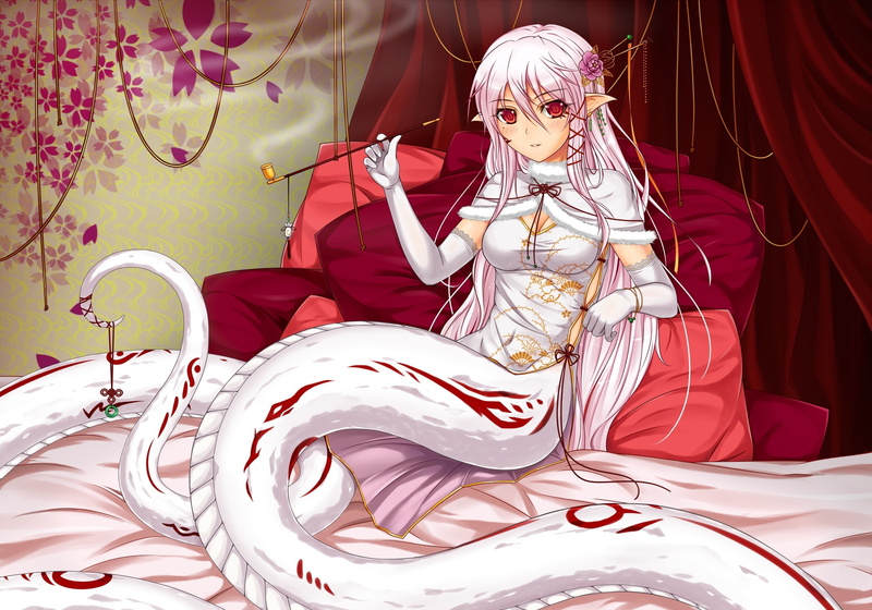 ears, eyes, whi, ornament, hair, 2K, dress, midnight, blush, camera, chinese, bed, female, solo, clothes, flower, cheongsam, gloves, snake, white, long