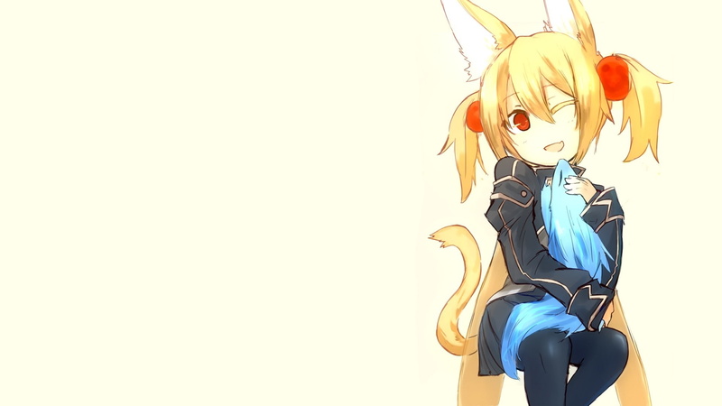 hd, red, blondes, art, twintails, anime, eyes, animal, 1080P, short, girls, people, background, whi, simple, ears, wink, hair, tails