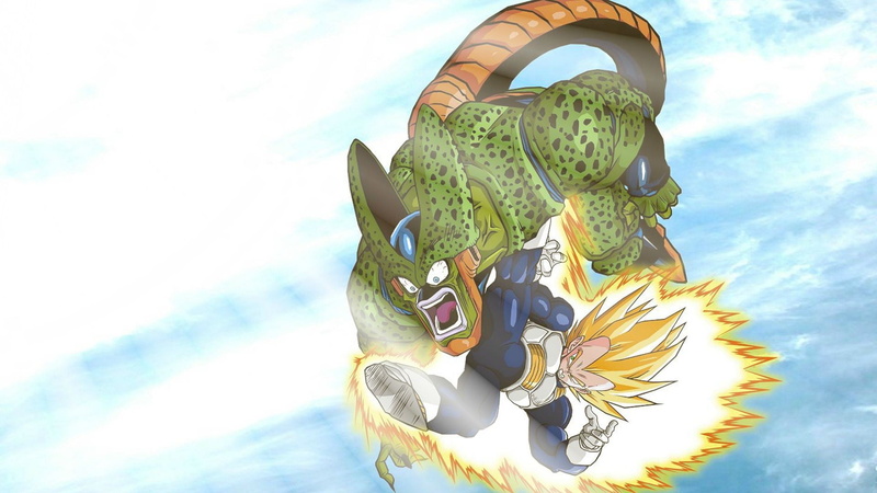 sunlight, Dragon Ball Z, digital, Vegeta, arts culture and entertainment, sculpture, vs, sky, representation, Cell (character), nature, clothing, cell