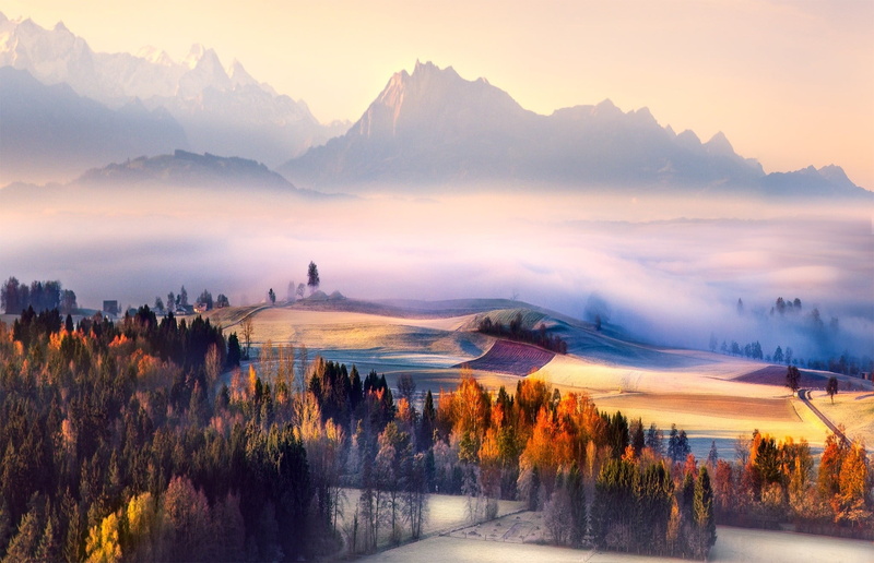 dusk, tourism, outdoors, winter, blue, photo, water, nature, sunlight, mountain Range, mist, tree, landscape, mountains, urban Scene, morning, cold temperature