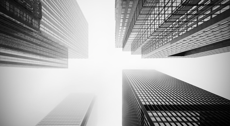 built structure, financial district, modern, Downtown, sky, black, white, grey, Wide, sunlight, steel, window, 1080P, directly below, low angle view, building exterior
