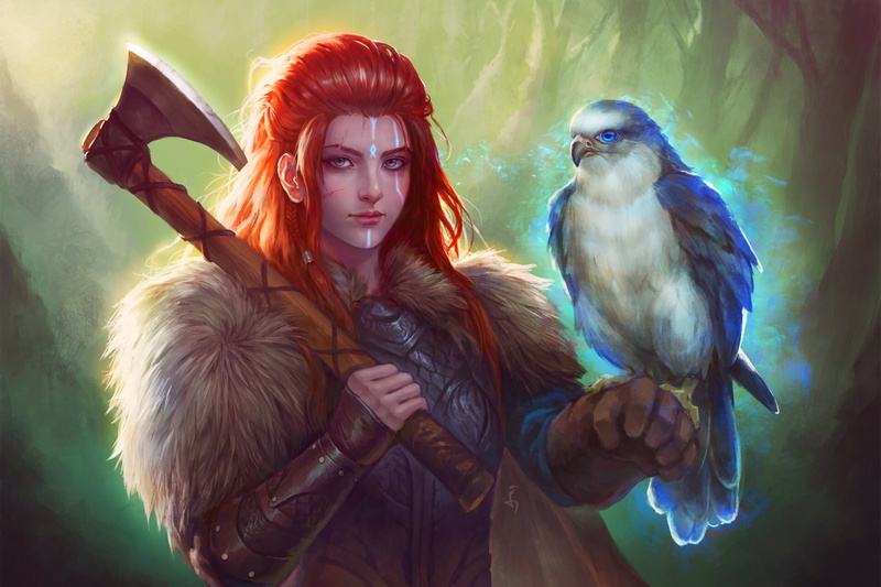 Viking, Girl, Axe, Woman Warrior, Falcon, Bird, Red Hair, 1080P, Fantasy