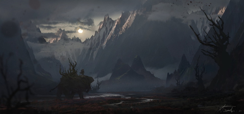 Fantasy, non-urban scene, tree, Cloud, smoke - physical structure, Mountain, Landscape, beauty in nature, Moon, tranquil scene, environment, Dark, land