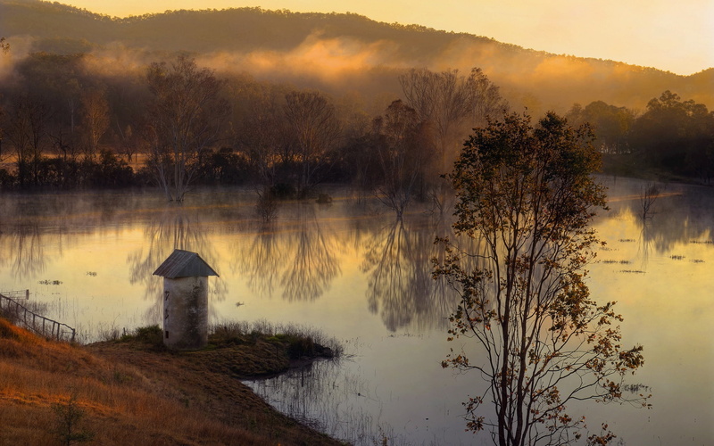 Morning, Fog, Autumn, Lake, Trees, 1080P, Hills