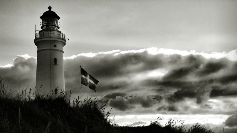 2K, Denmark, clouds, monochrome, flag, lighthouse