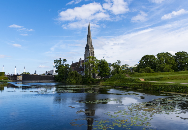 building, spire, europe, tourism, cityscape, water, no people, day, lake, near, blue, travel, church, museum, copenhagen, place of worship, building exterior