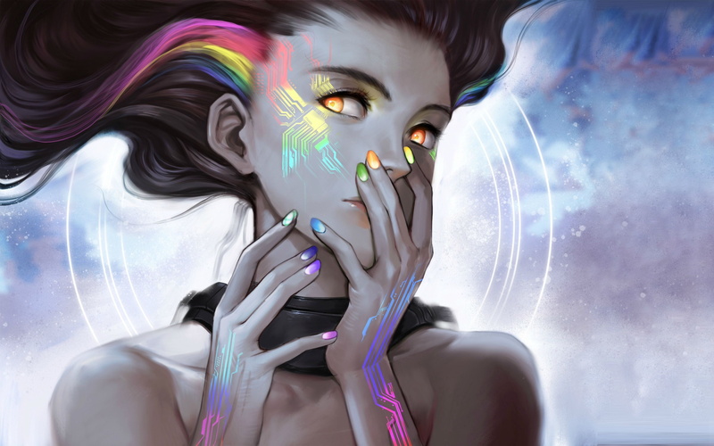 emotion, portrait, anime, multi colored, colored nails, outdoors, females, young adult, creativity, beautiful woman, drawing, paint, art and craft, headshot