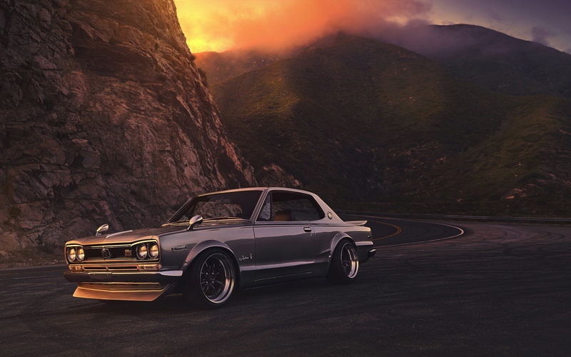 series, land vehicle, Car, Nissan, 1080P, road trip, travel, outdoors, nature, Sunset, Old, 2000, Skyline, GTX, transportation, motion, side view, grey