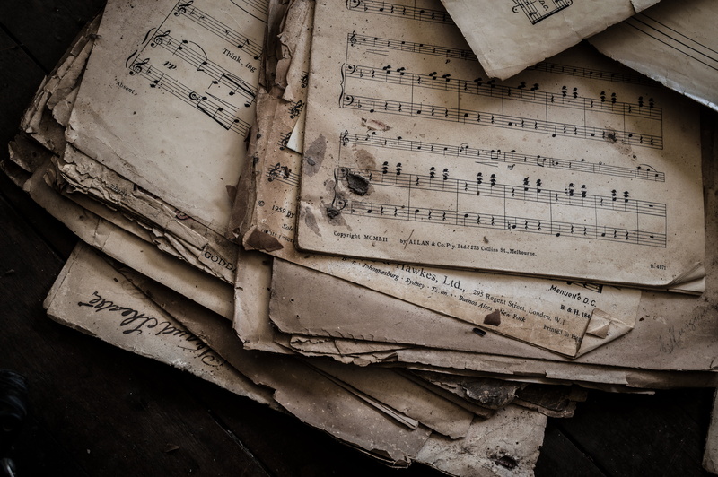 obsolete, no people, book, indoors, lot, text, run-down, damaged, old, wood - material, musical, deterioration, publication, high angle view, dirty, stack
