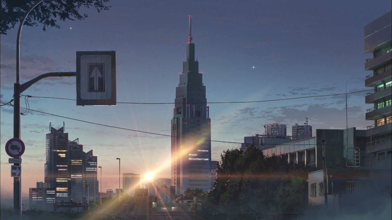 signs, sun, lens flare, street, built structure, 1080P, flares, tall - high, building exterior, tower, anime, no people, outdoors, city, cityscape, Makoto Shinkai