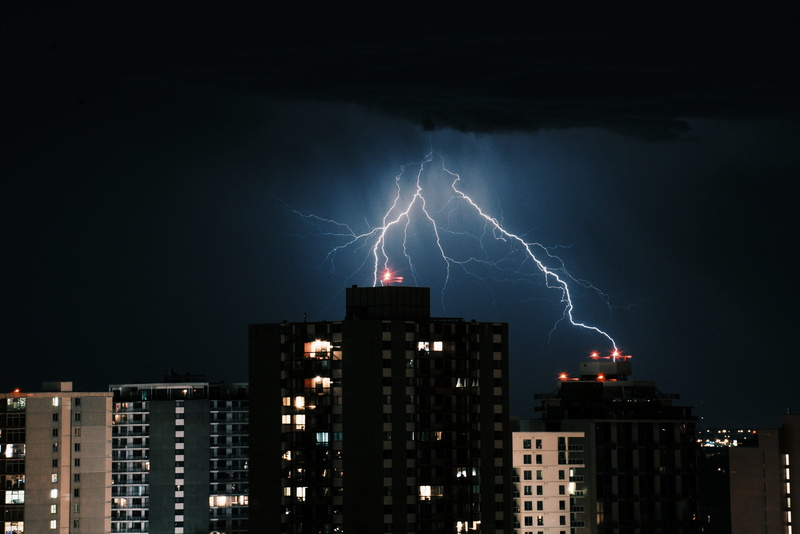 warning sign, outdoors, clouds, high, nature, forked lightning, illuminated, cloud - sky, cityscape, dark, architecture, night, 4K, no people, thunderstorm