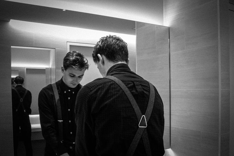 bonding, men, warm clothing, real people, grayscale, rear view, human, foundation, man, mirror, casual clothing, waist up, photography, suit, home decor