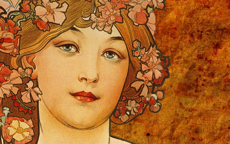beauty, Alphonse Mucha, make-up, Traditional Artwork, pattern, human lips, beautiful woman, front view, human body part, human face, floral pattern, one person