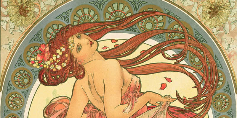 composition, hands, figure, picture, flowers, shoulder, window, Alfons Maria Mucha, 1080P, girl, beauty, hair, Alphonse Mucha