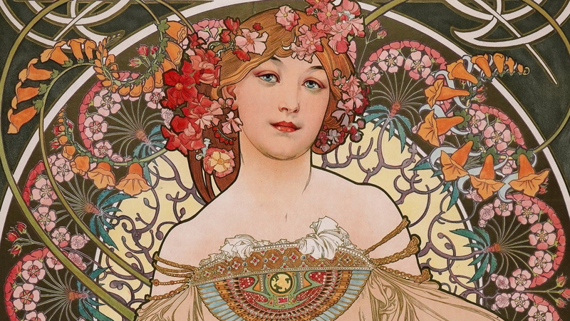 floral, Alphonse Mucha, illustration, traditional art, 2K, Art Nouveau