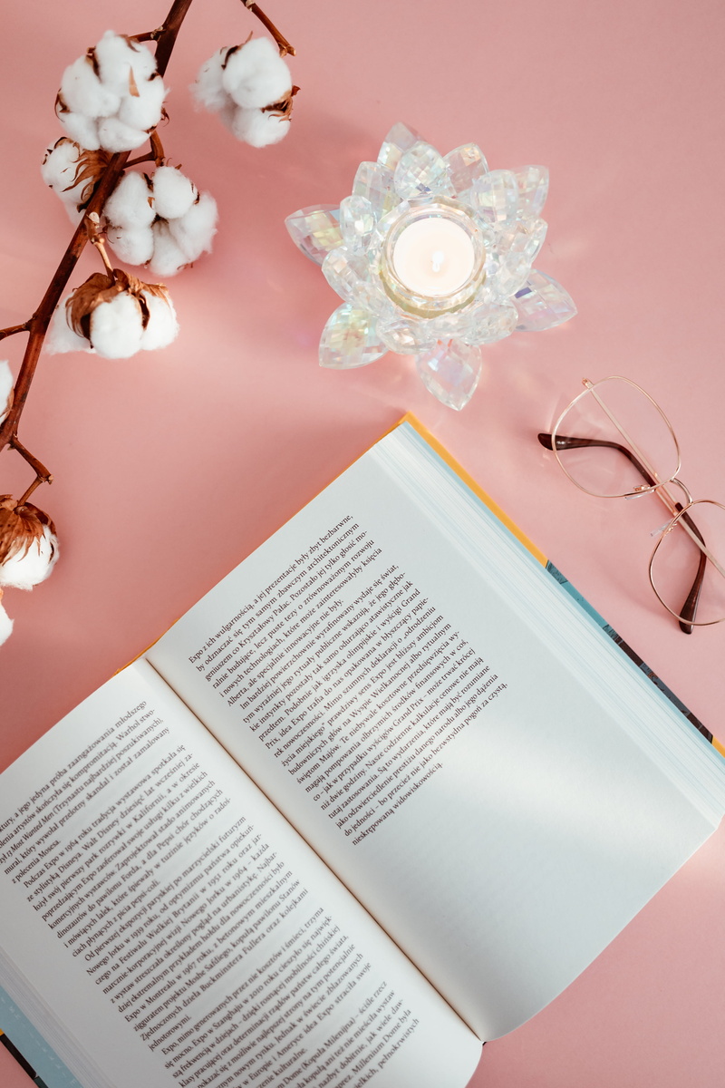 reading, learning, feminine, high angle view, pink backgound, directly above, flower, technology, 5K, publication, table, still life, book, close-up, paper