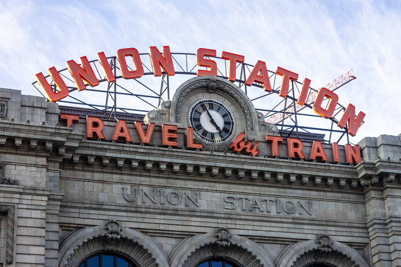 travel destinations, architecture, low angle view, travel, outdoors, united states, city, union station, western script, no people, text, colorado, tourism