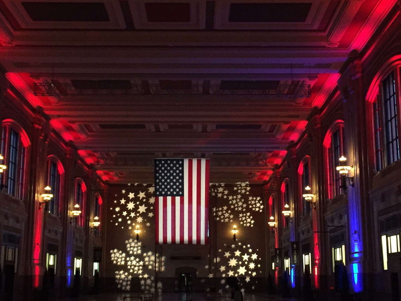 union station, united states of america, built structure, patriotism, outdoors, building, night, architectural column, low angle view, ceiling, no people