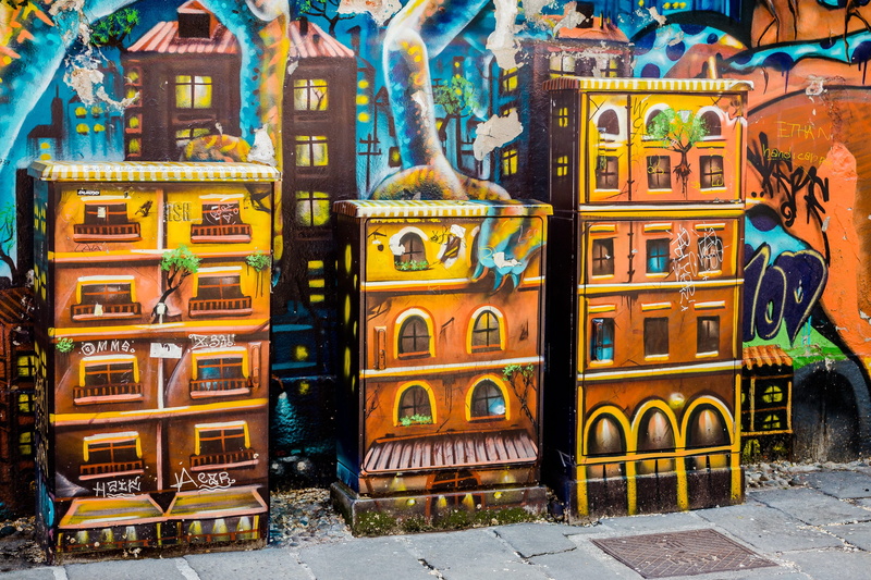 multi colored, urban, snowing, built structure, wall, power boxes, street, via santa croce, buildings, building exterior, architecture, painted wall, human representation