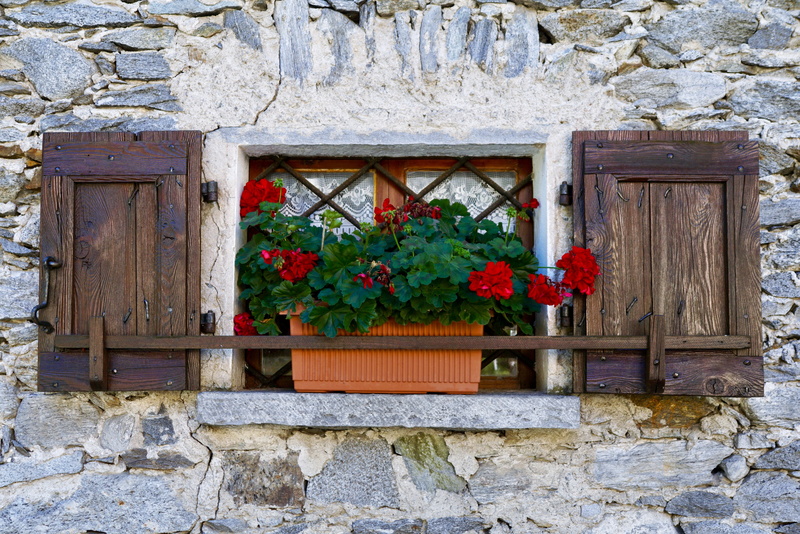 stone material, home, stone wall, wood - material, flower pot, stone house, mood, building, window box, shutters, built structure, building exterior, house