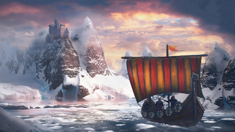 mountains, castle, 2K, cold, Drakkar, Vikings, snow, water, ice, digital art, rocks